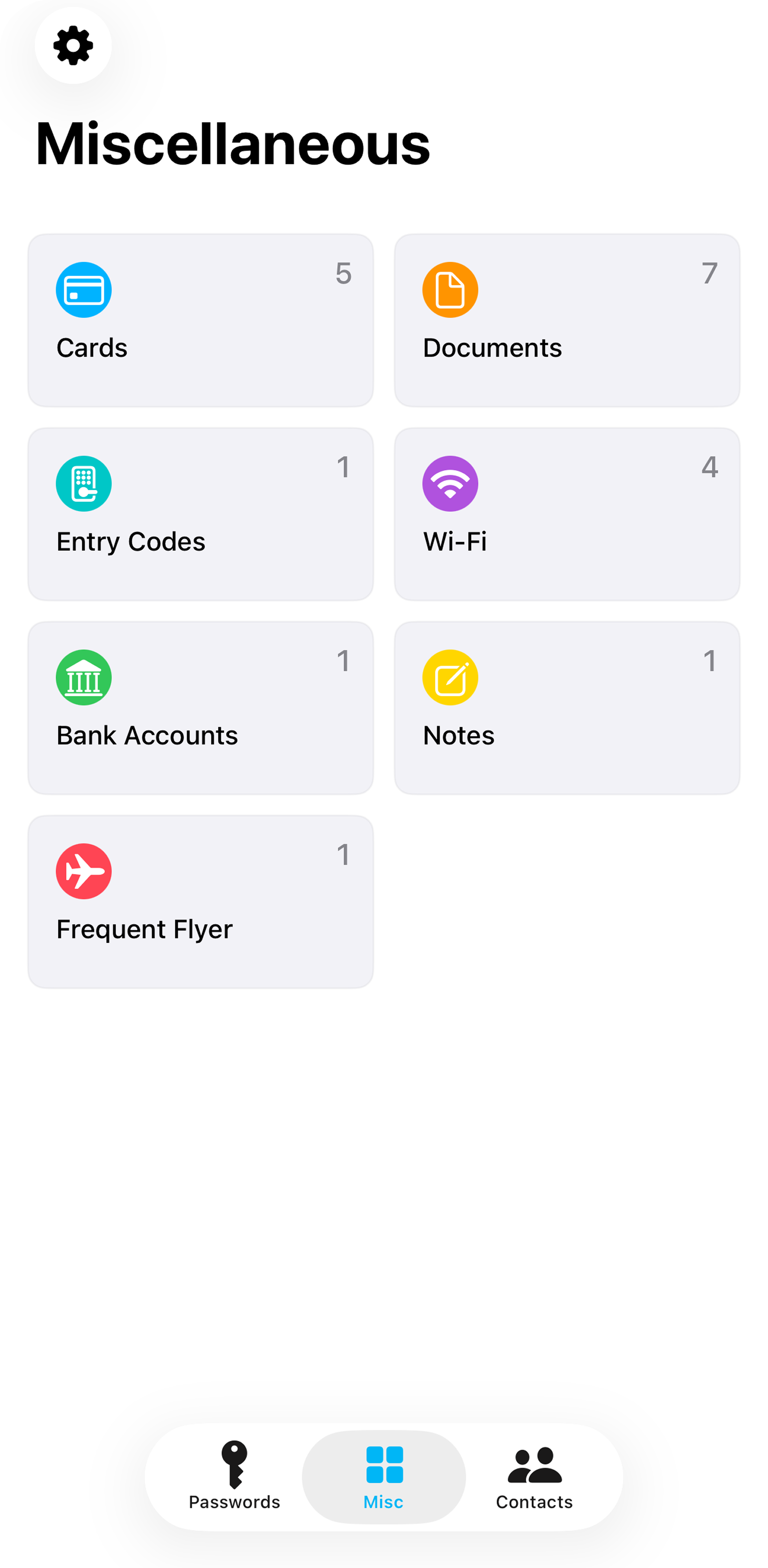 Sherlocked 'Miscellaneous' screen listing Cards, Documents, Entry Codes, Wi-Fi, Bank Accounts, Notes, and Frequent Flyer with item counts