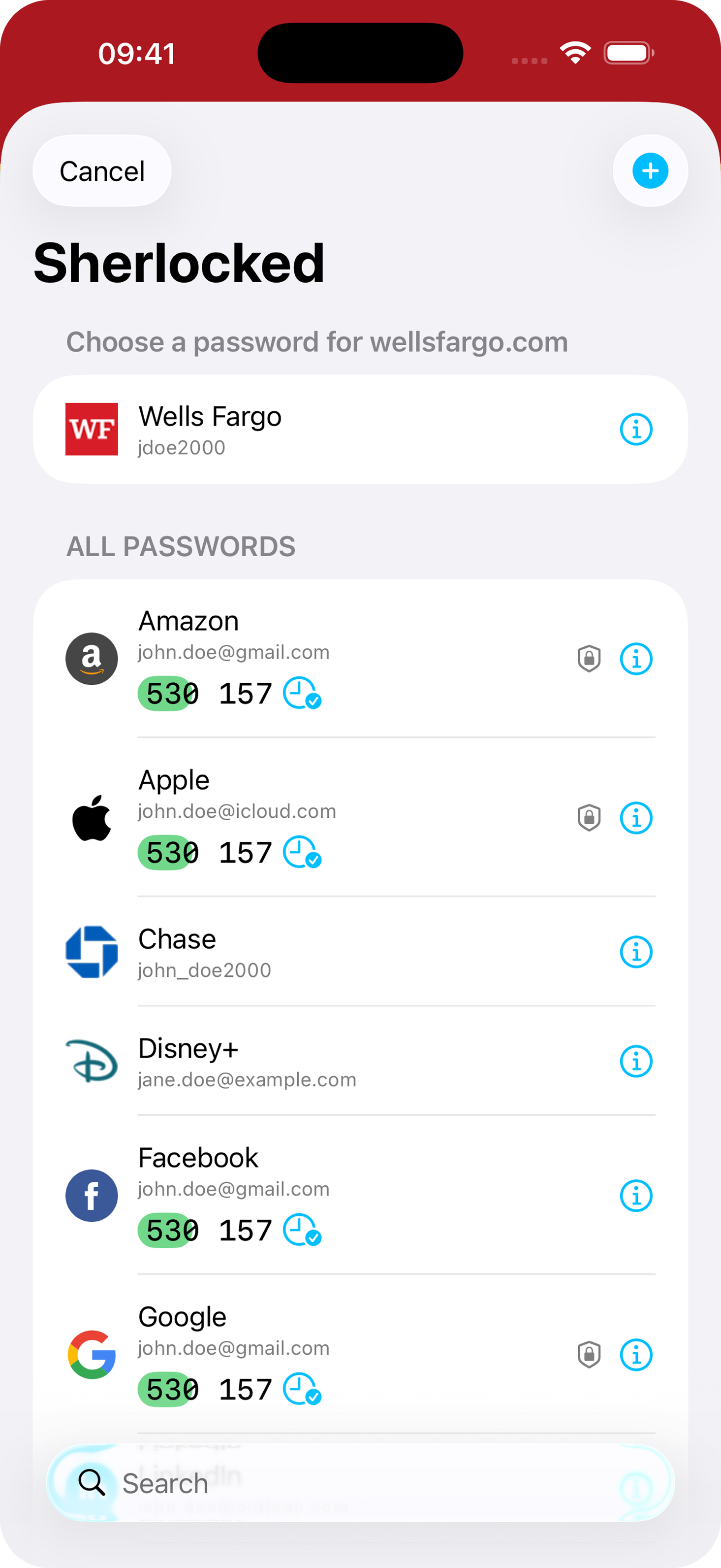 Sherlocked's AutoFill credential picker on an iPhone, suggesting a Wells Fargo login with TOTP codes alongside each entry