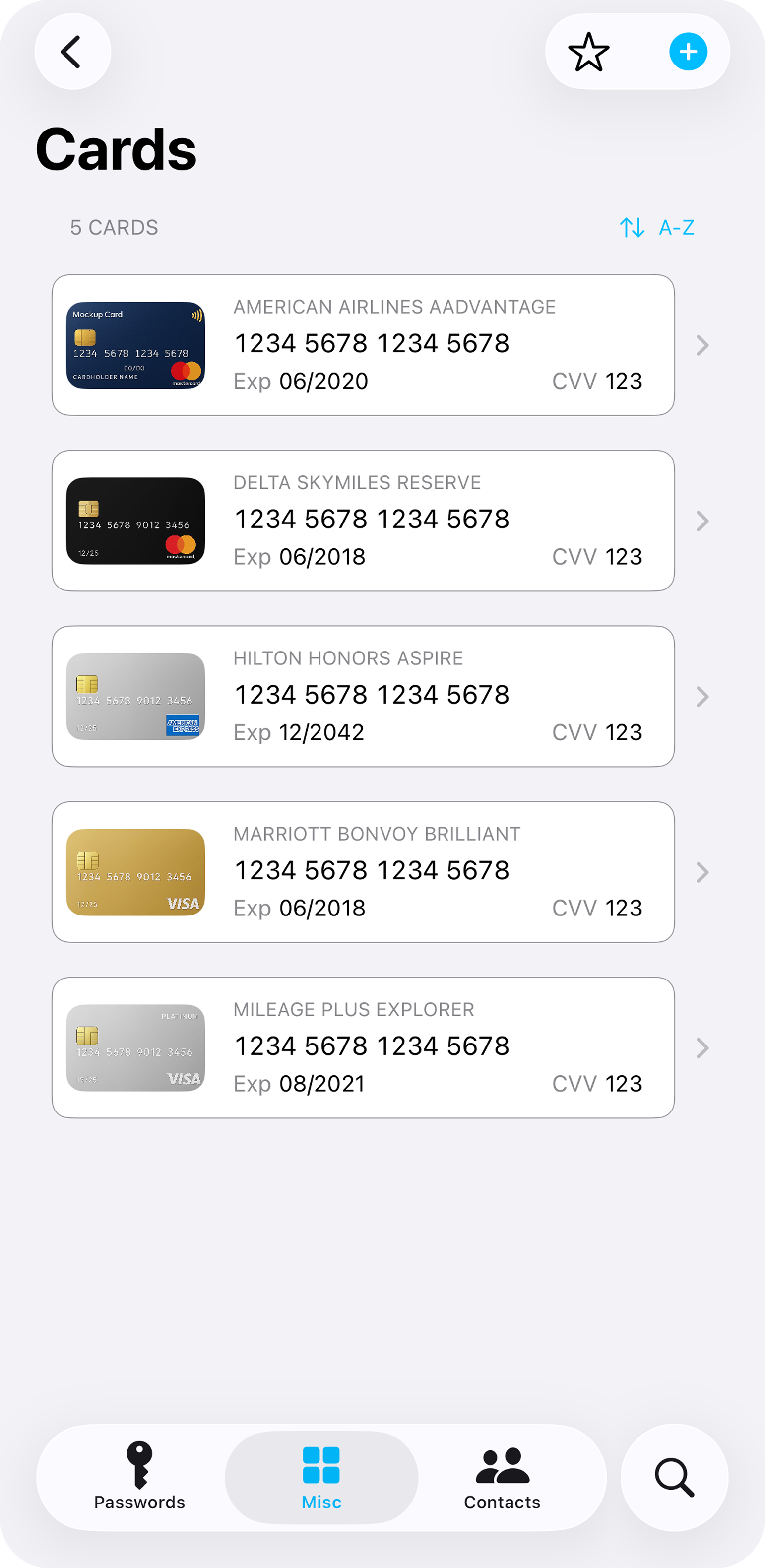 Sherlocked Cards screen showing five credit cards with card art, numbers, expiry and CVV