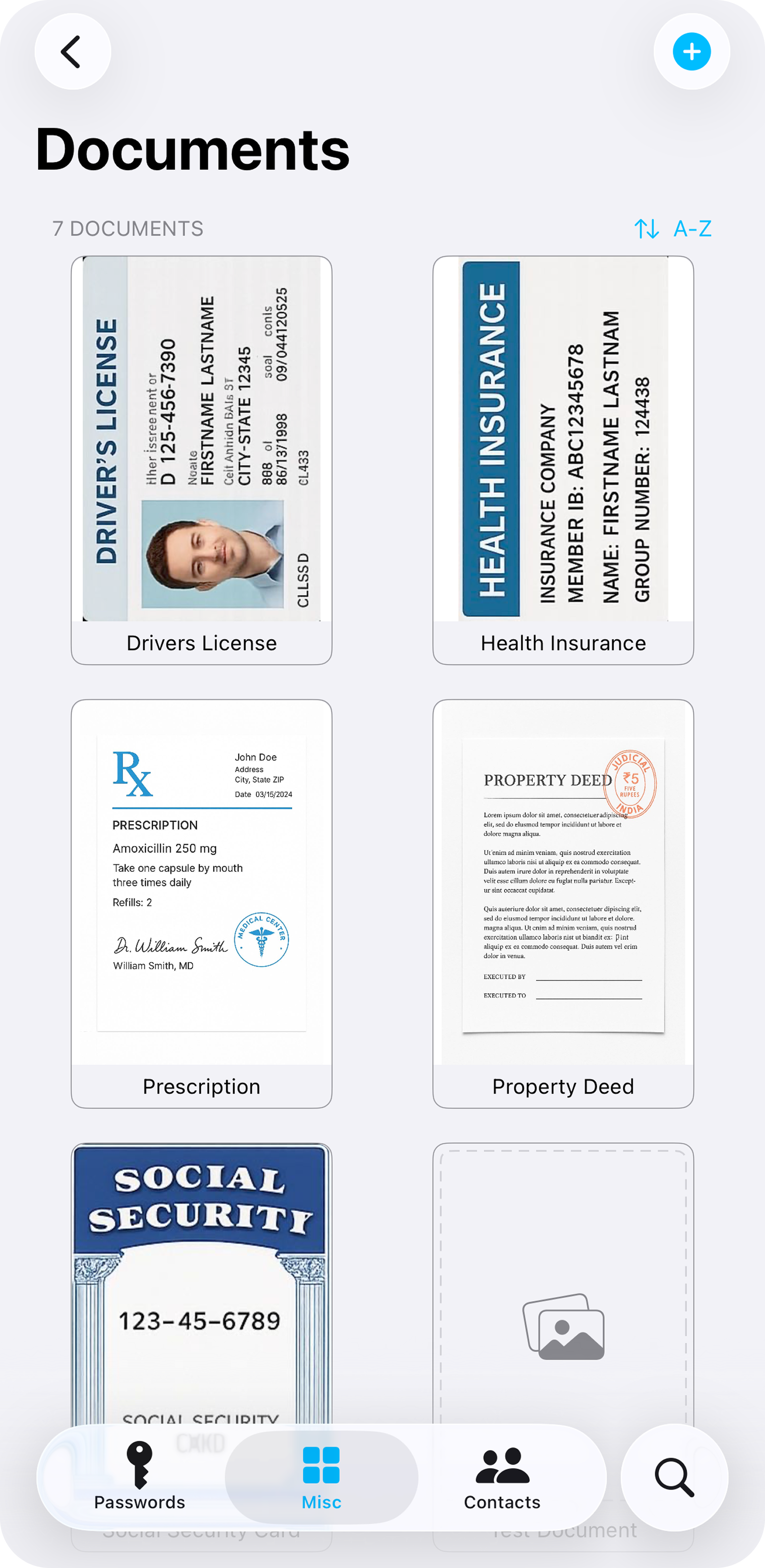 Sherlocked Documents screen showing scanned driver's license, health insurance card, prescription, property deed, and social security card