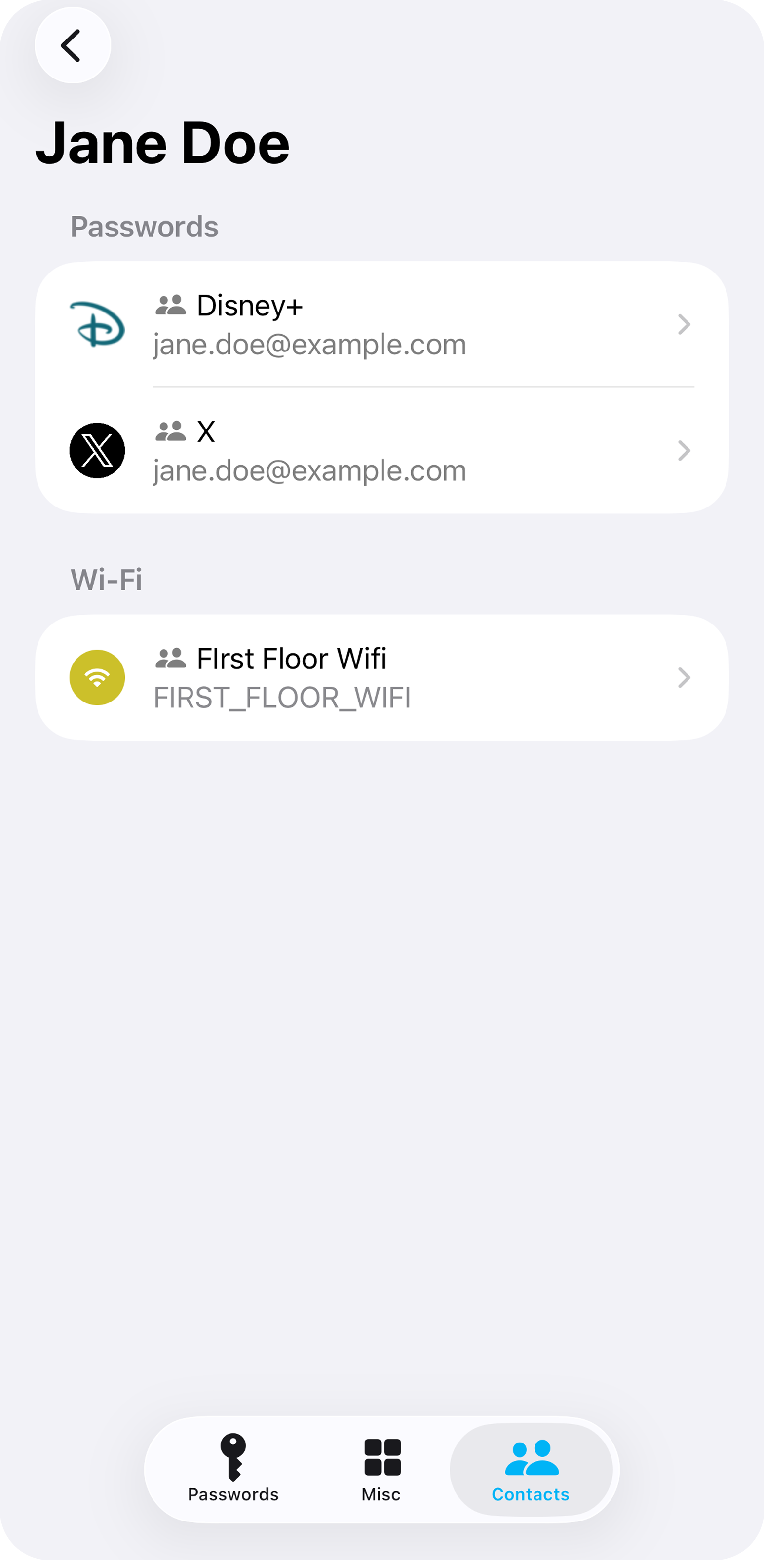 Sherlocked contact view for Jane Doe showing shared Disney+, X, and First Floor Wi-Fi items