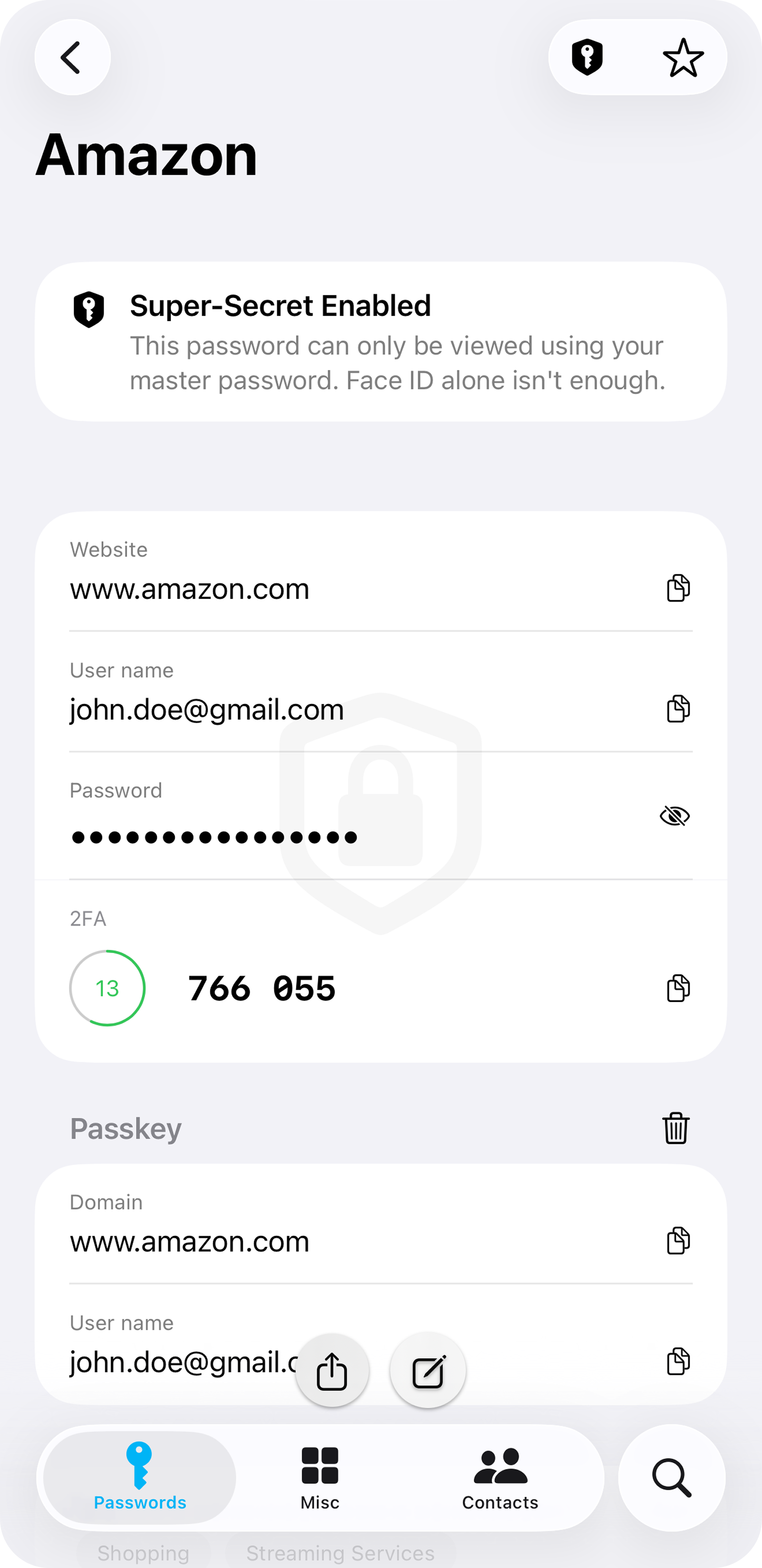 Amazon password detail in Sherlocked, showing a 2FA TOTP code with a live countdown ring and a Super-Secret badge